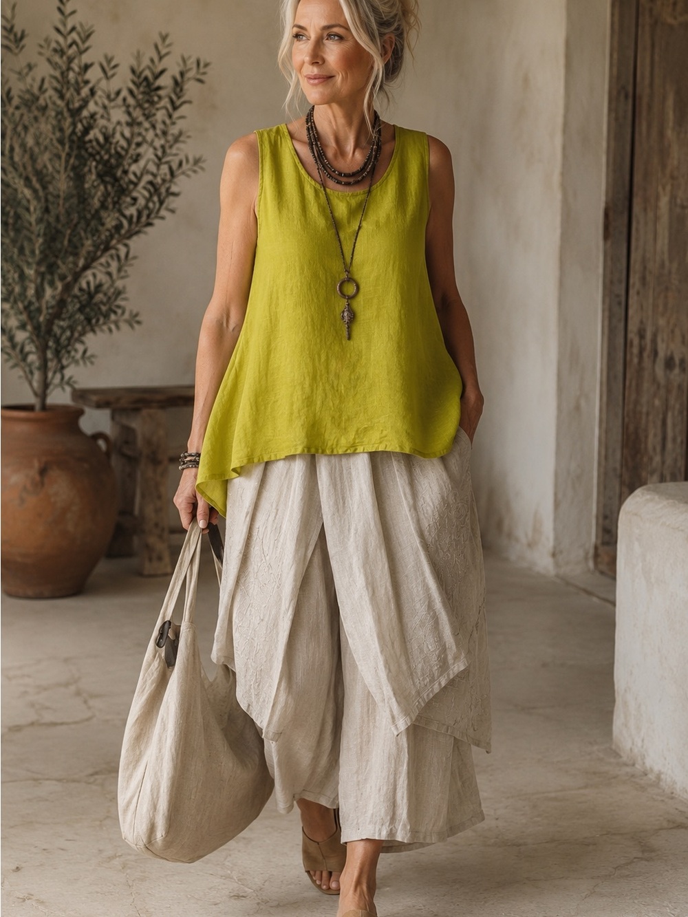 bryn Walker Lagenlook Sleeveless Pullover A-Line Tank Top 100% Linen Size XS